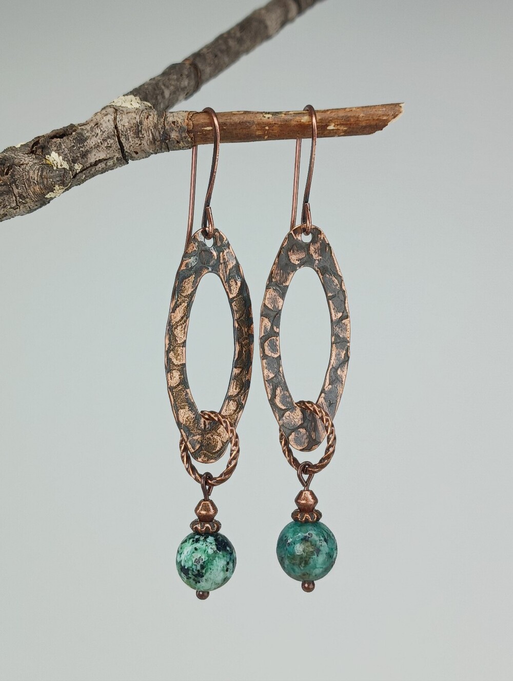 Artisan Hammered Copper Earrings African Turquoise Jasper Geometric Hand Crafted - Picture 3 of 5